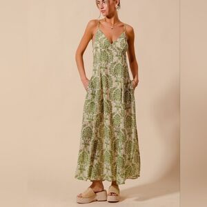 SO ME Damask Floral Summer Maxi Flowy Dress With Open Back Sage Green XL